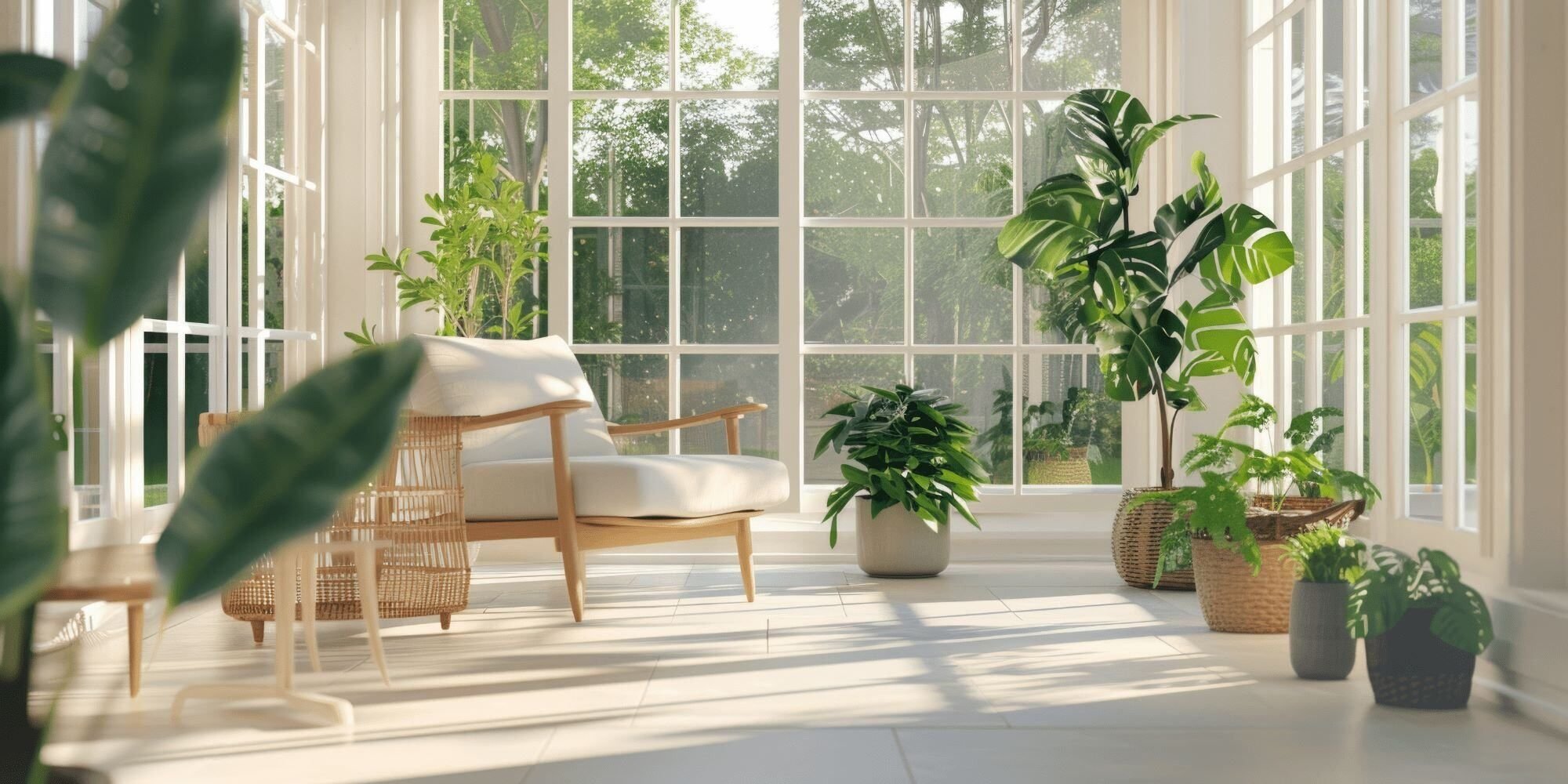Interior of a Jacksonville glass room addition filled with sunlight and plants by Impact Enclosures