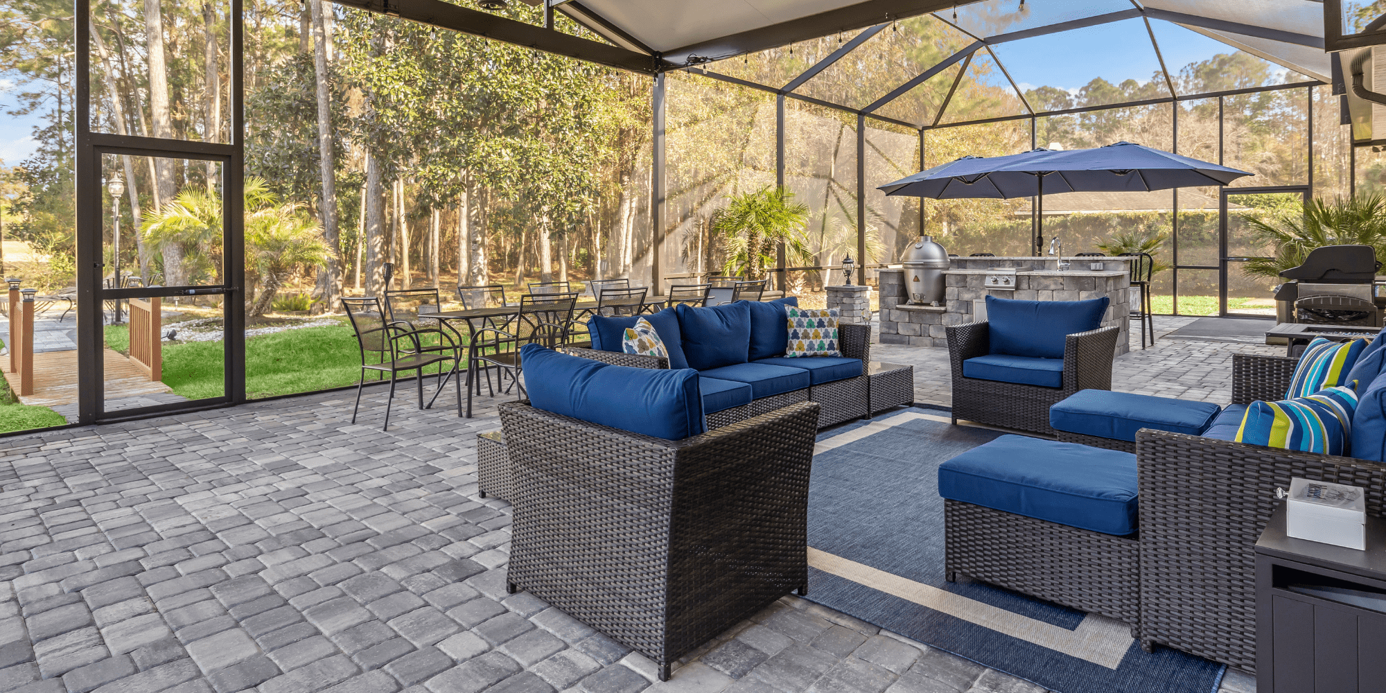 Lounging Area in  Screen Enclosure with View In Jacksonville