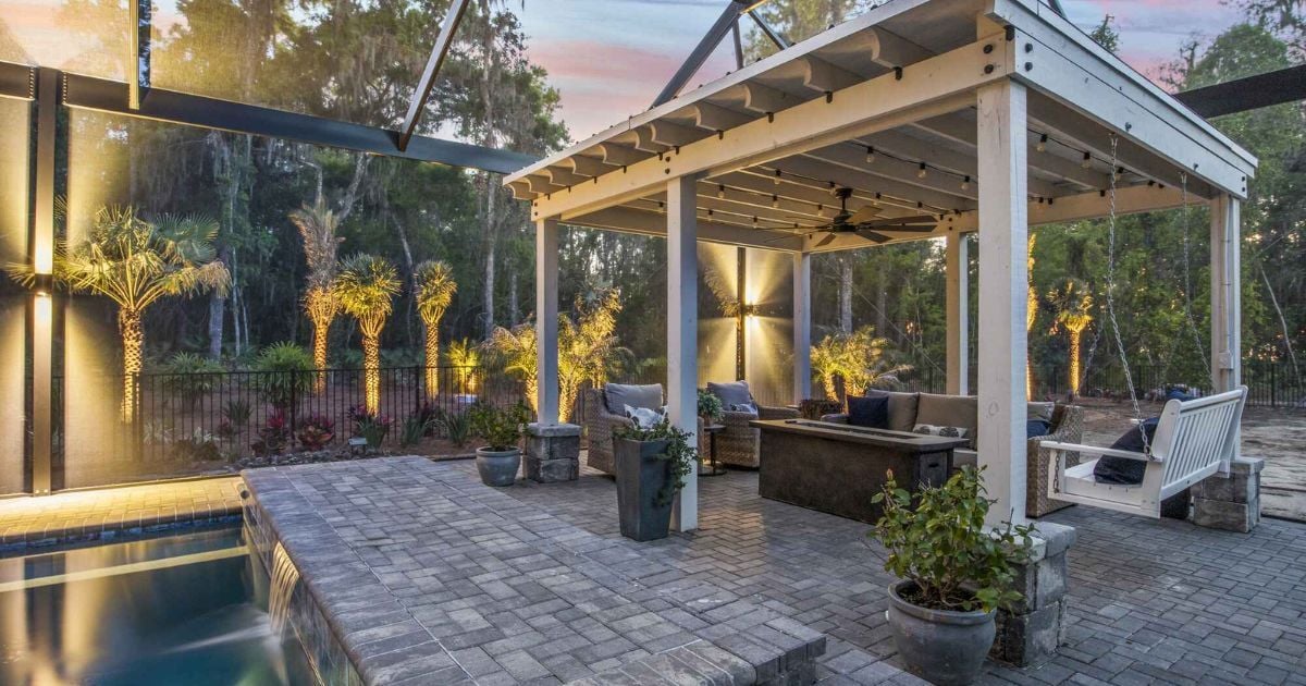 Pool Screen Enclosure with Pergola and Sconce Lighting on Ponte Vedra Pool Screen Enclosure with Pergola and Sconce Lighting on Ponte Vedra
