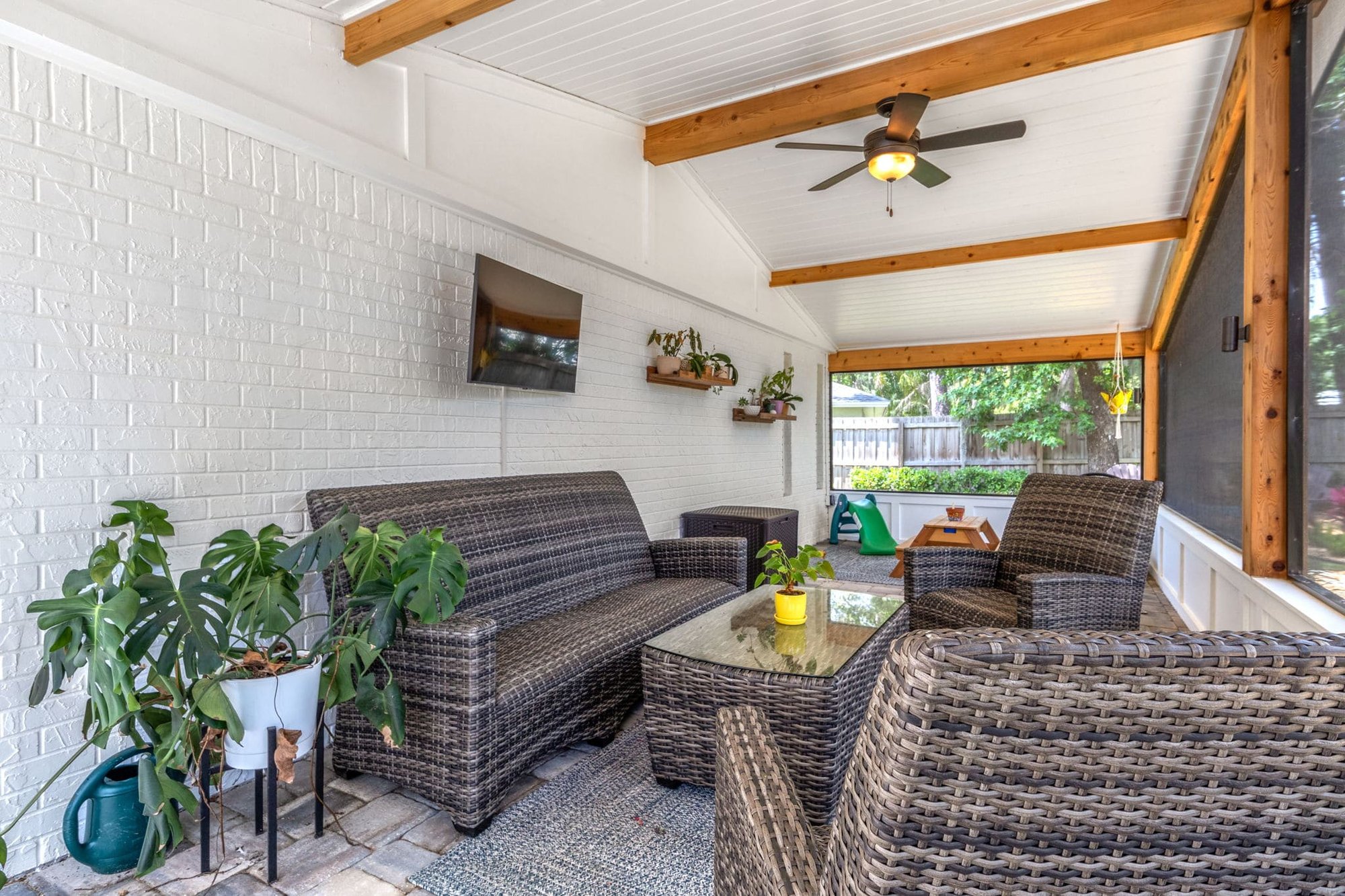 Screen Patio Upgrade with TV and Tongue and Groove Ceiling