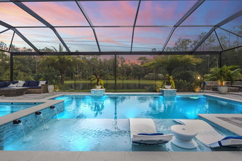 The Most Luxurious Pool Enclosure with Water Feature Louging Chairs Hot Tub and Tropical Plants