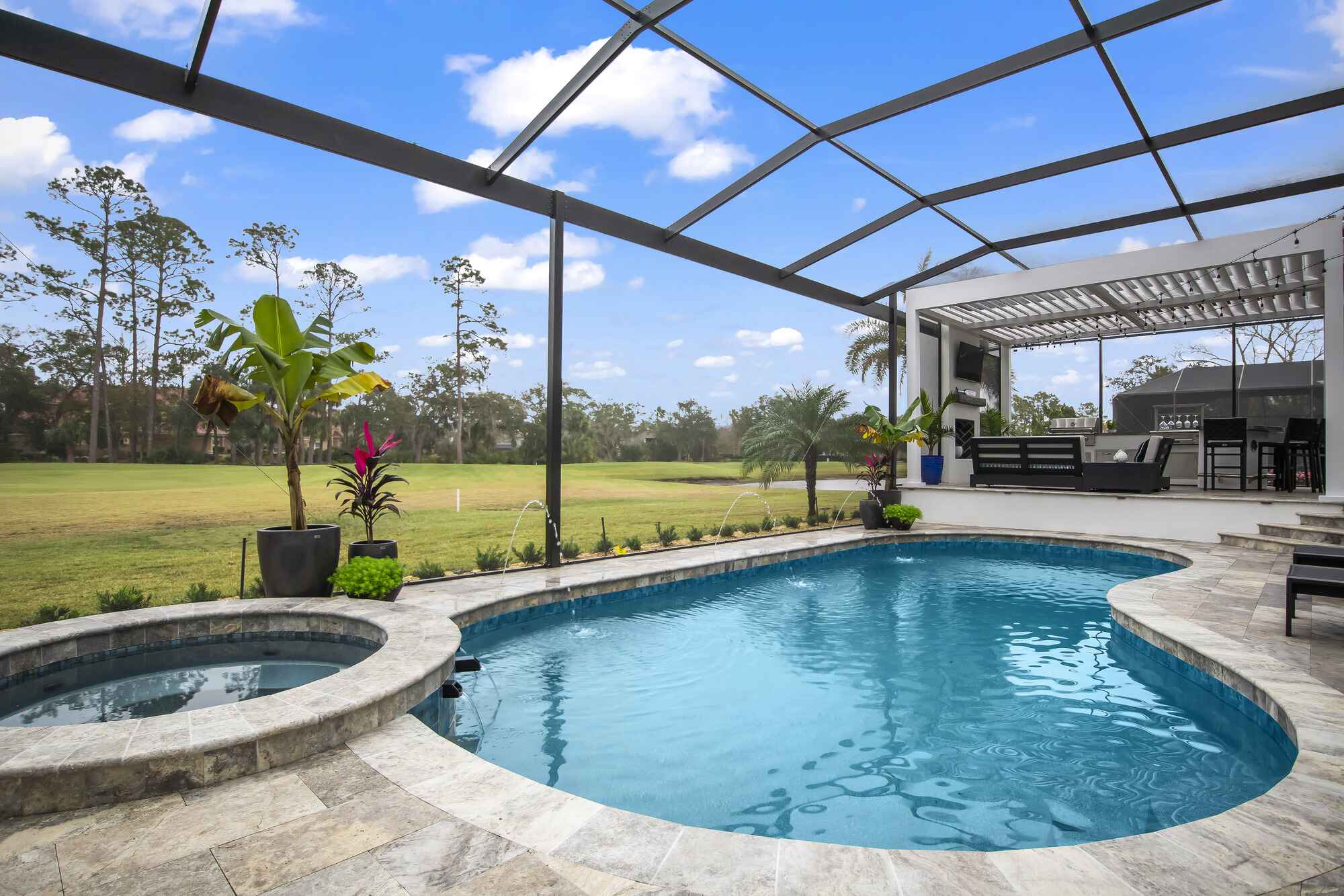 Nocatee Pool Screen Enclosure with Hot Tub and Motorized Pergola