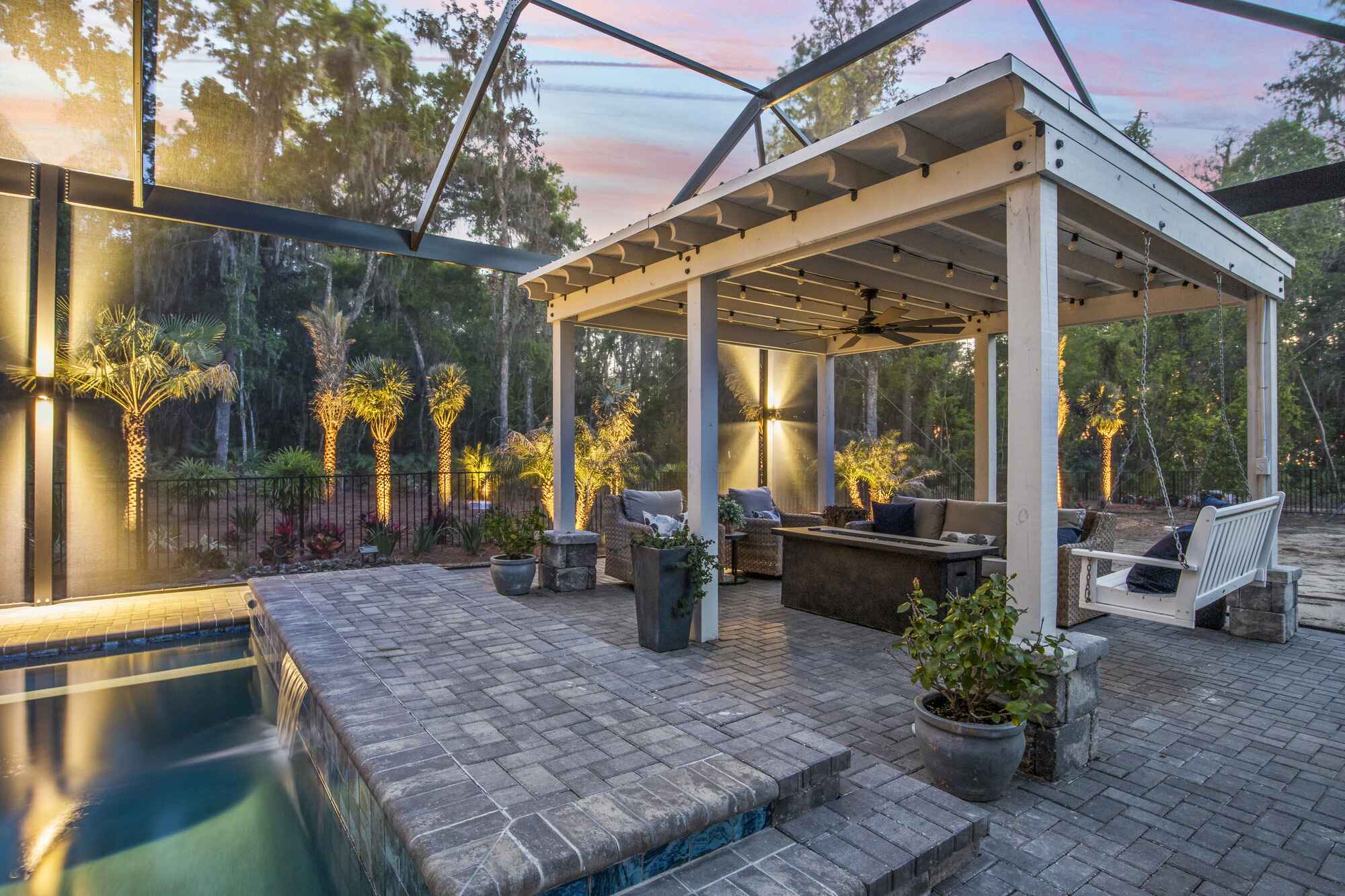 Pool Screen Enclosure with Pergola and Sconce Lighting